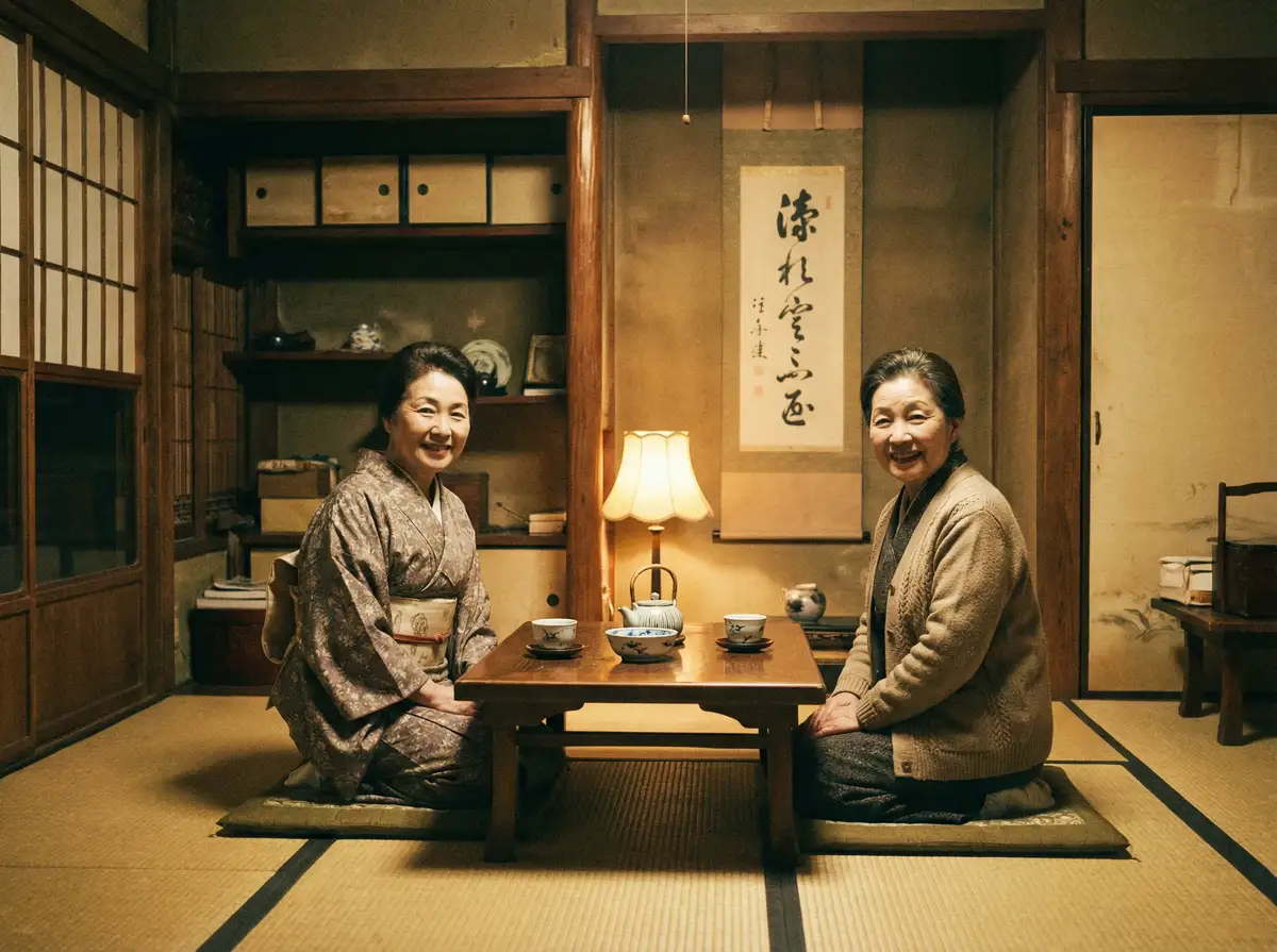 两位优雅的 小蓝视频 在日式茶室中品茶交谈